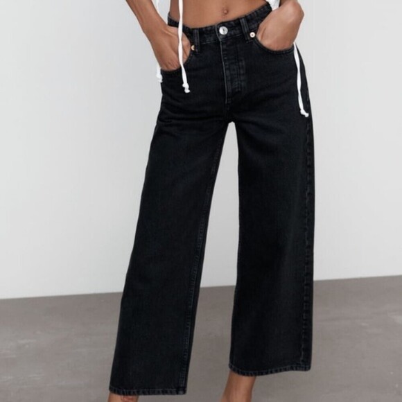 Black Denim Zara Hi-Rise Cropped Wide Leg Jeans (NWT) - Picture 6 of 6